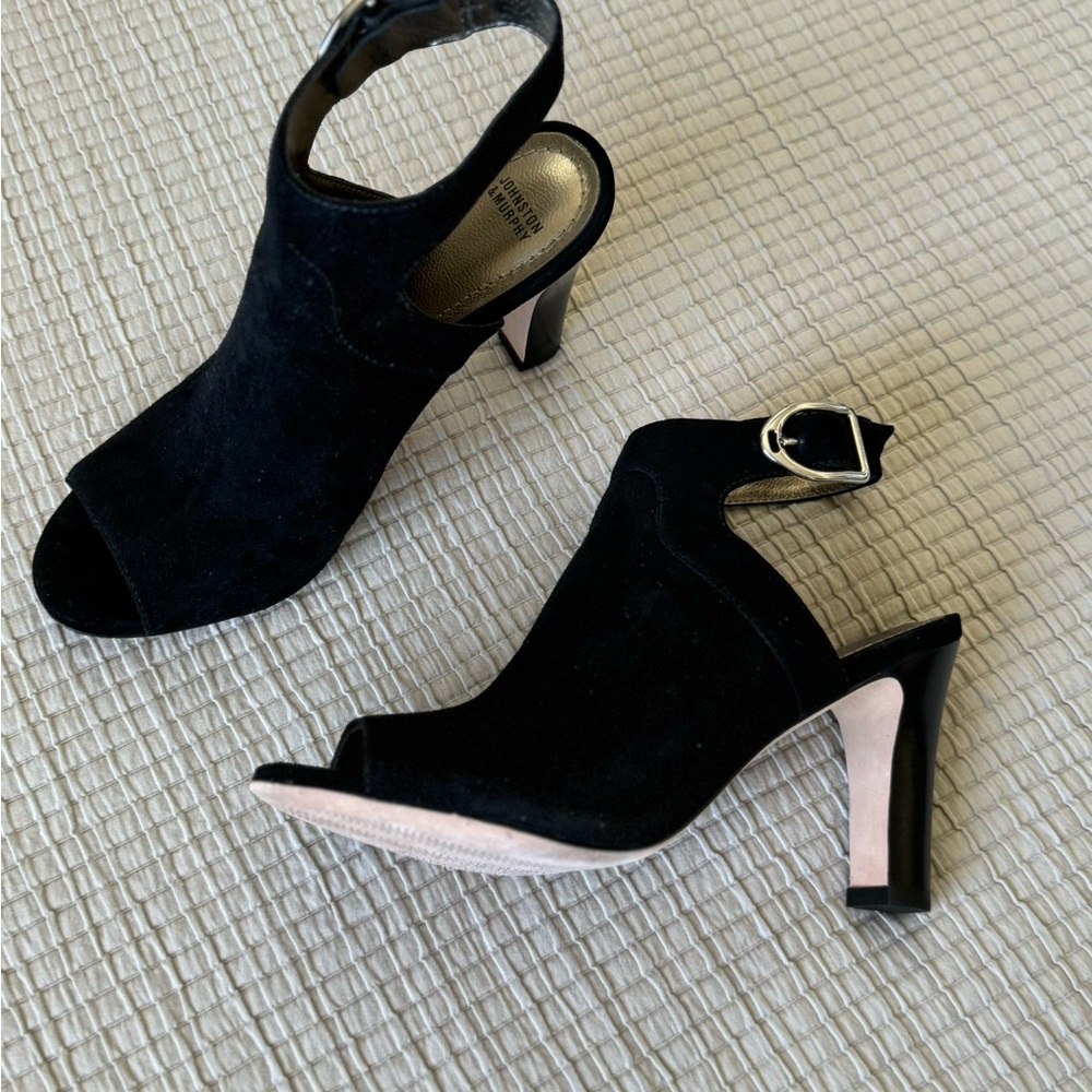 Johnston & Murphy Black Suede Peep-Toe Heels